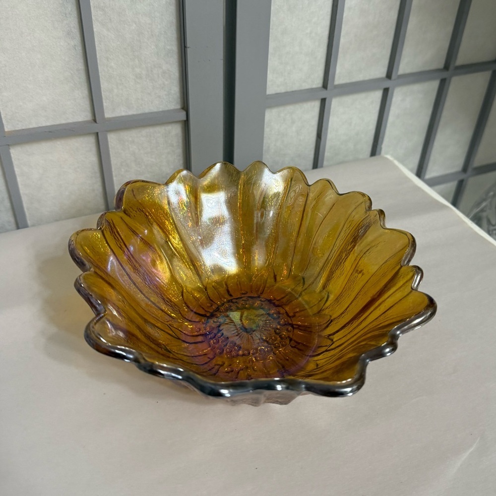 Vintage marigold carnival glass bowl in the "Sunflower" or "Lily Pons" pattern,
